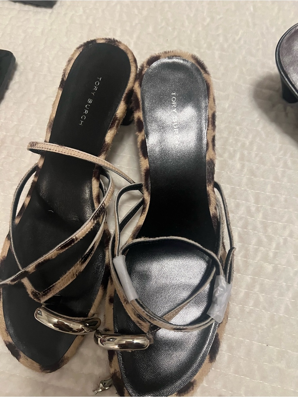 Tory Burch Leopard Print Heeled Slide Sandals - Black & Brown(original $400)
